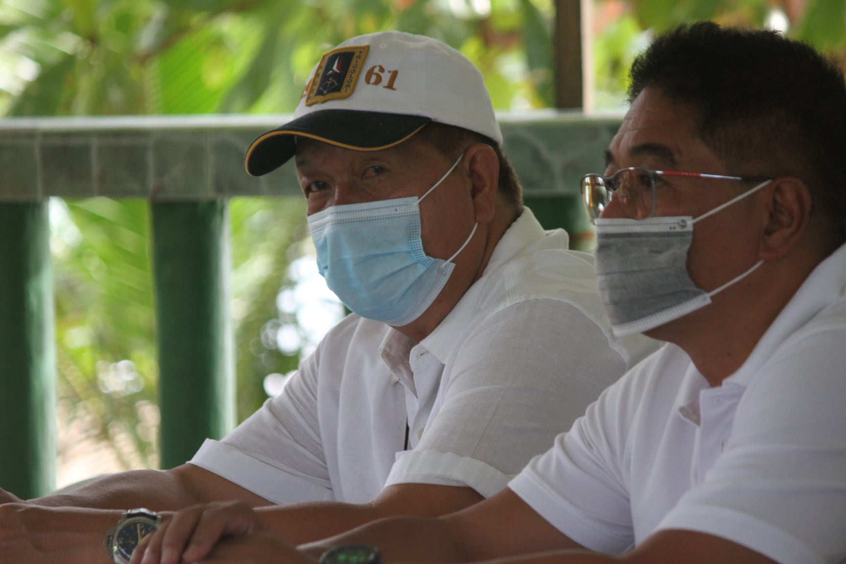 Casiguran Mayor Edwin Hamor, Sorsogon COVID-19 Task force Chairman (left) and Sorsogon Vice Governor Manuel Fortes holds dialogue with local and barangay officials in Bulusan town. Bicol Express News photo